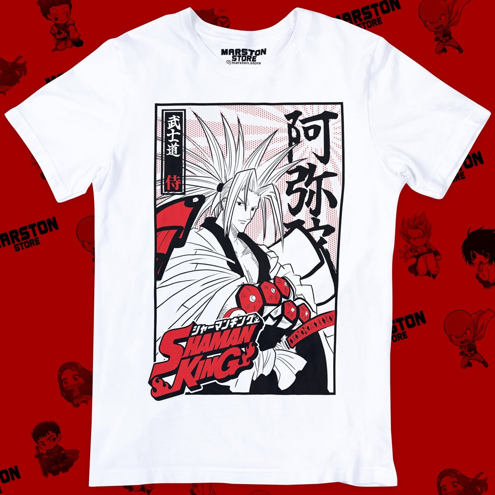 Polera blanca de Shaman King con Amidamaru