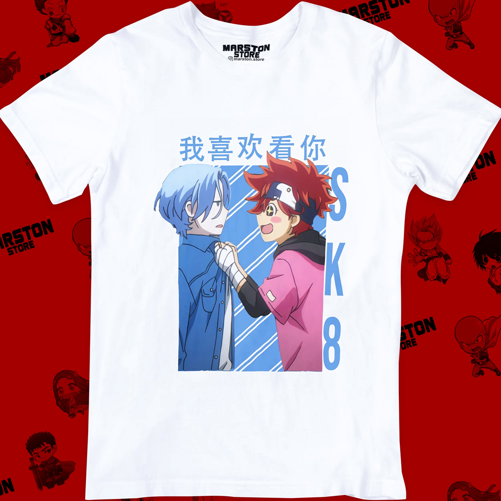 Polera blanca de SK∞ / Sk8 the Infinity con Langa Hasegawa y Reki Kyan