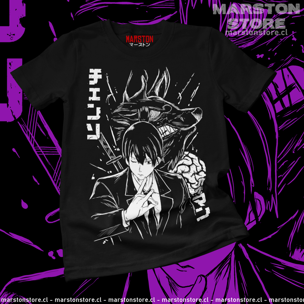 Polera negra Chainsaw Man con diseño de Aki Hayakawa