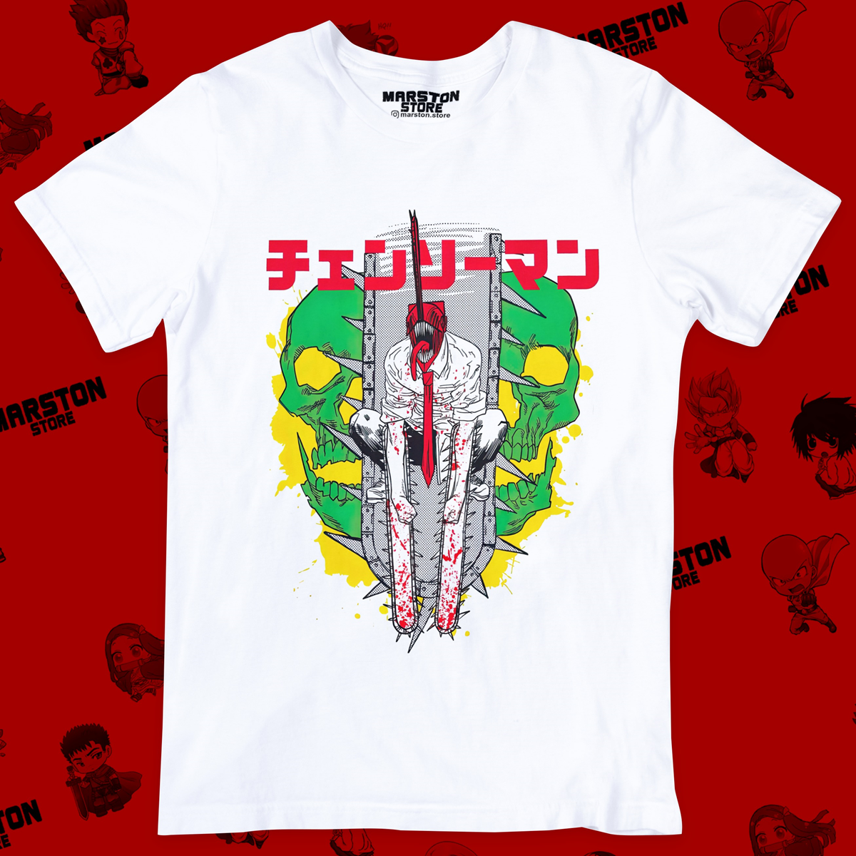 Polera blanca Chainsaw Man con diseño de Denji