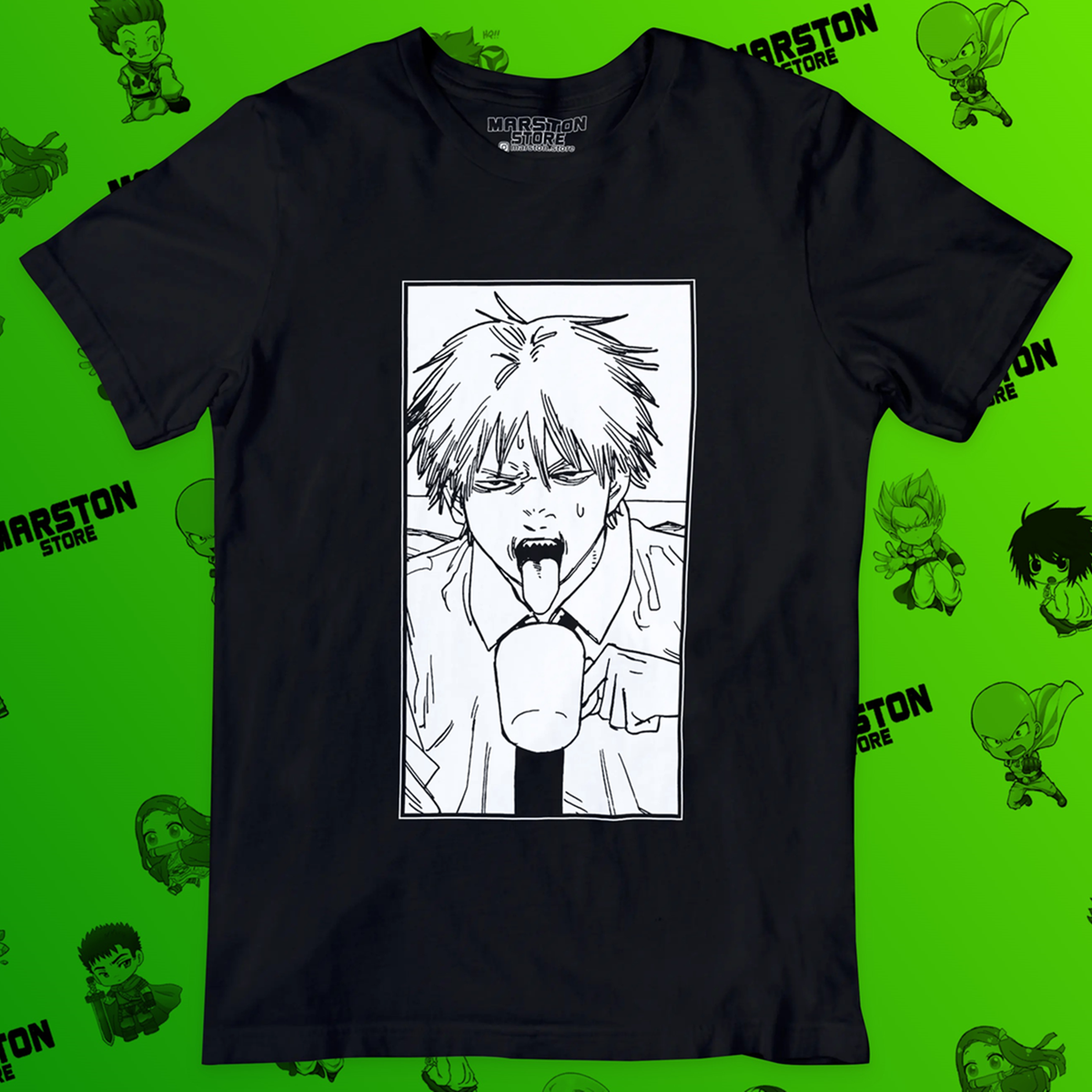 Polera negra Chainsaw Man con diseño de Denji