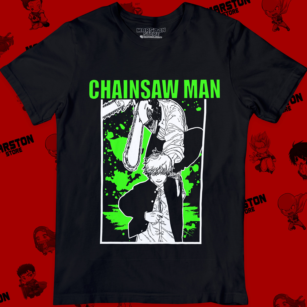 Polera negra Chainsaw Man con diseño de Denji
