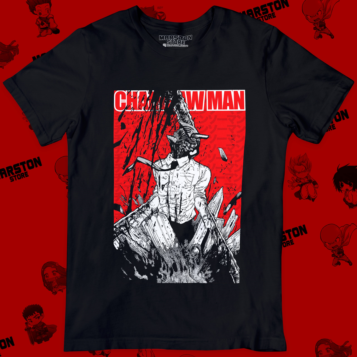 Polera negra Chainsaw Man con diseño de Denji