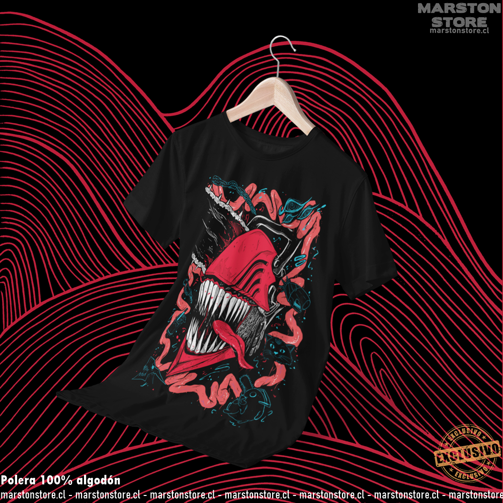 Polera negra Chainsaw Man con diseño de Denji