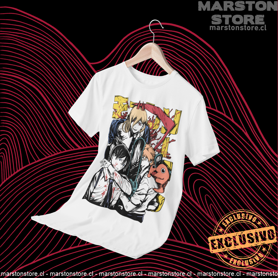 Polera blanca Chainsaw Man con Denji, Power, Aki Hayakawa y Pochita
