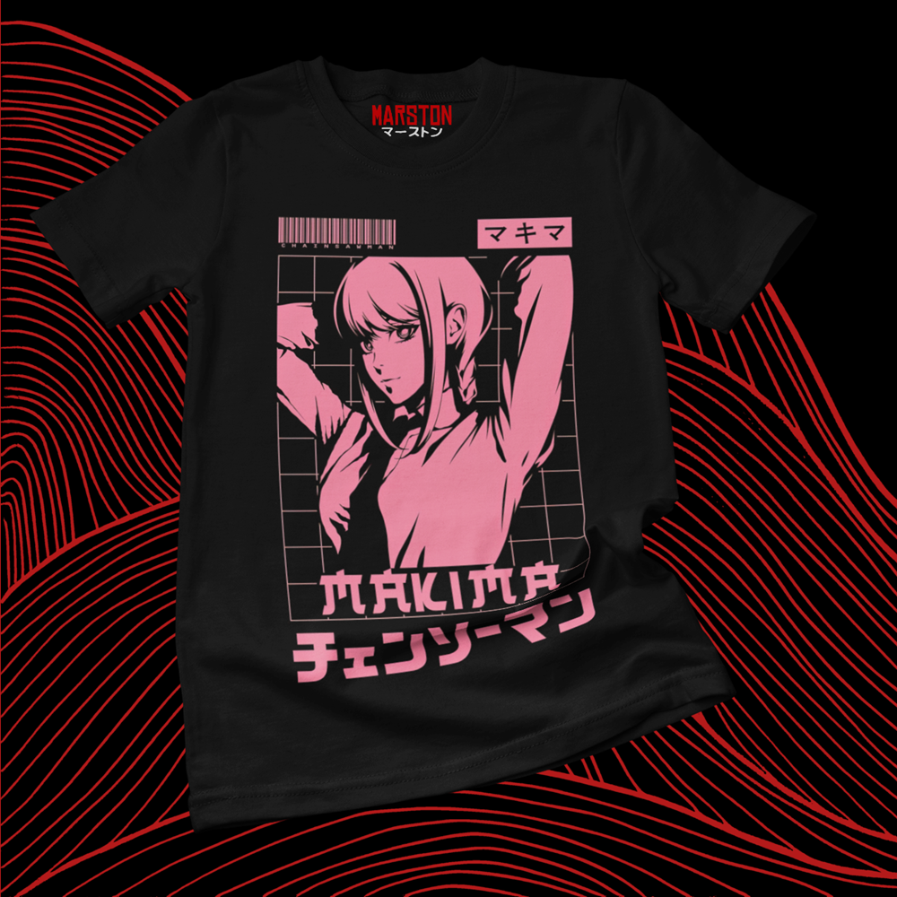 Polera negra Chainsaw Man con diseño de Makima