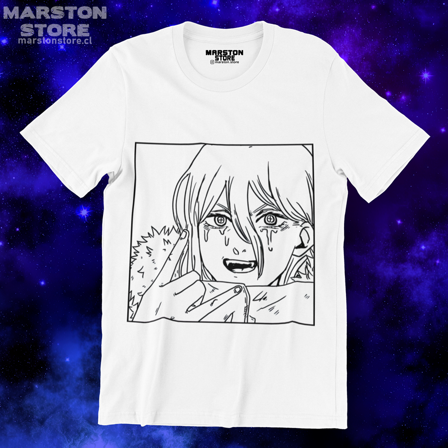 Polera blanca Chainsaw Man con diseño de Power
