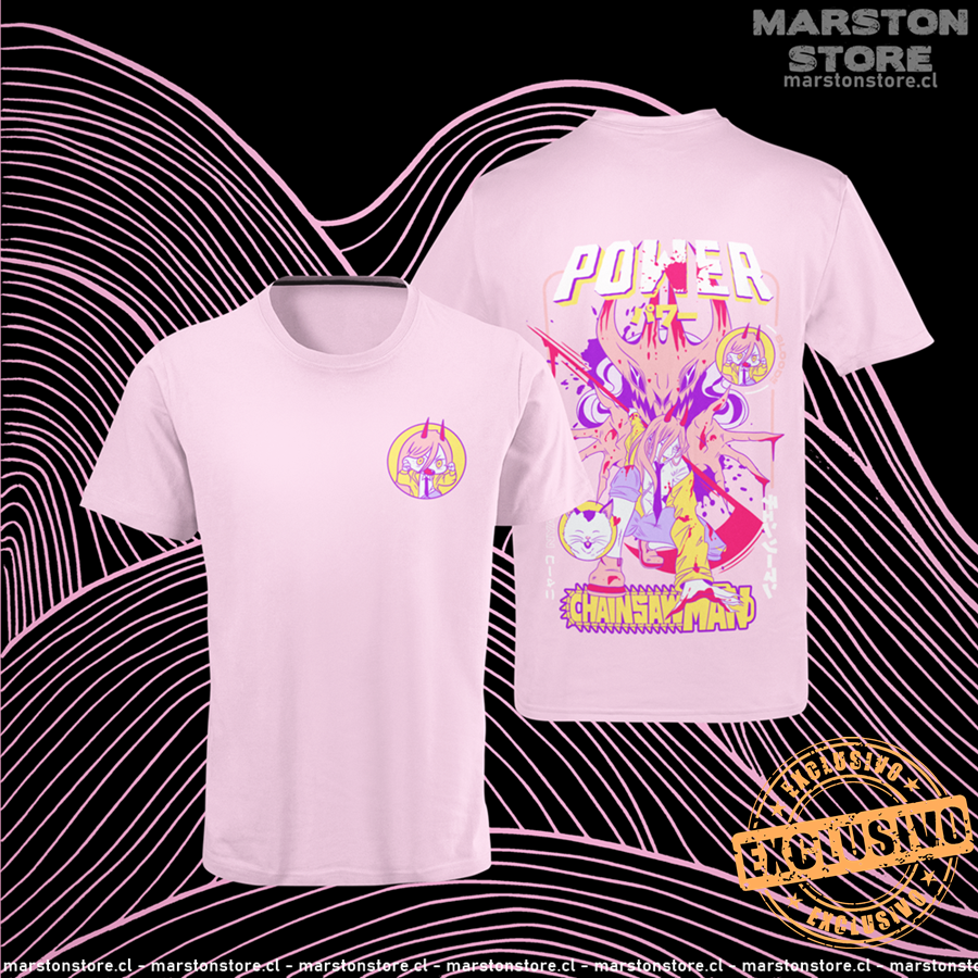 Polera rosada Chainsaw Man con Power y Nyako, versión 1