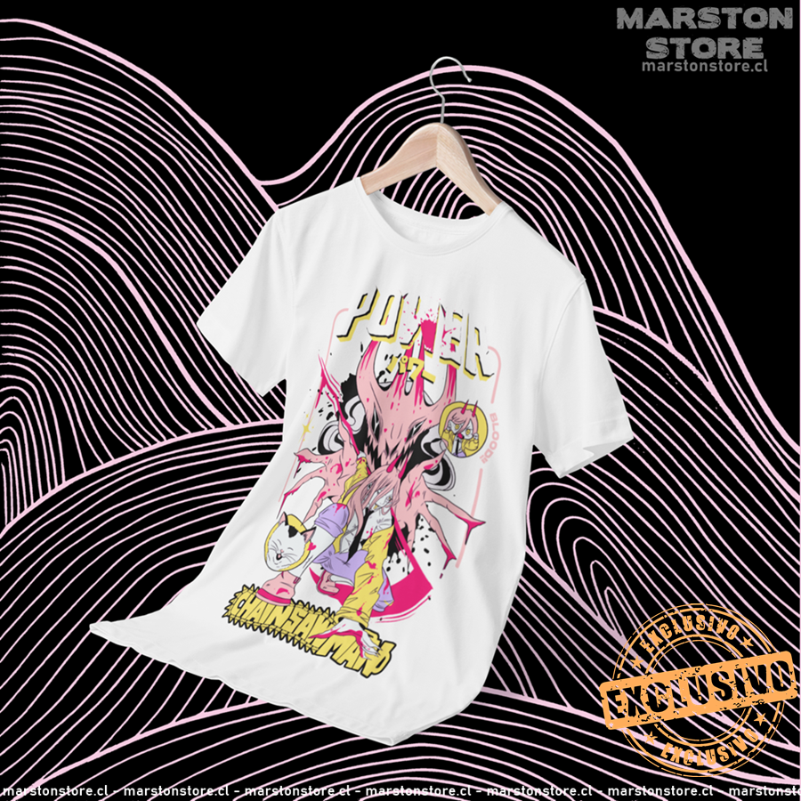 Polera blanca Chainsaw Man con Power y Nyako, versión 2