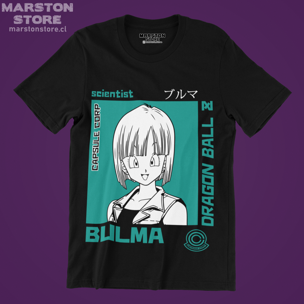Polera negra Dragon Ball con diseño de Bulma