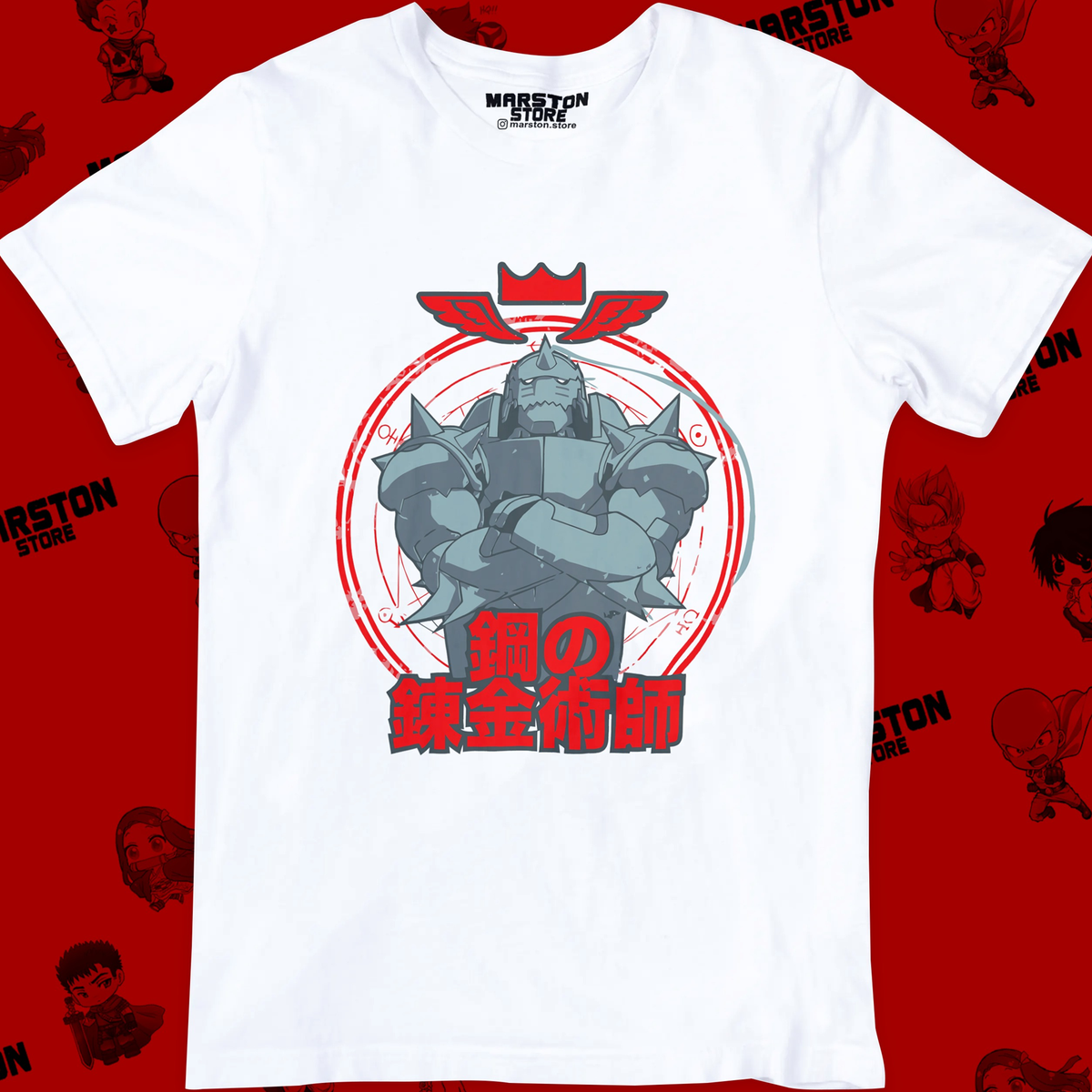 Polera blanca Fullmetal Alchemist con diseño de Alphonse Elric