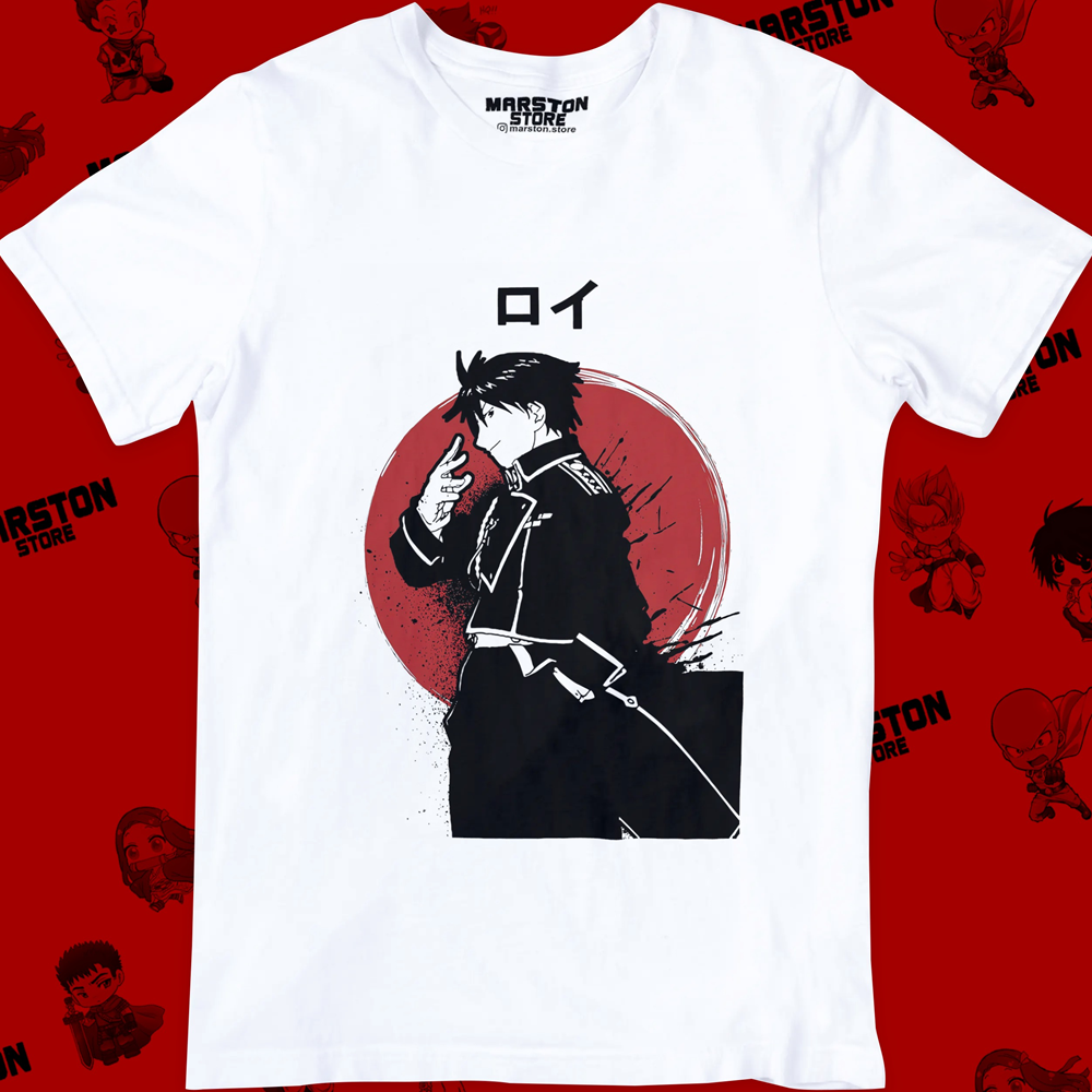 Polera blanca Fullmetal Alchemist con diseño de Roy Mustang