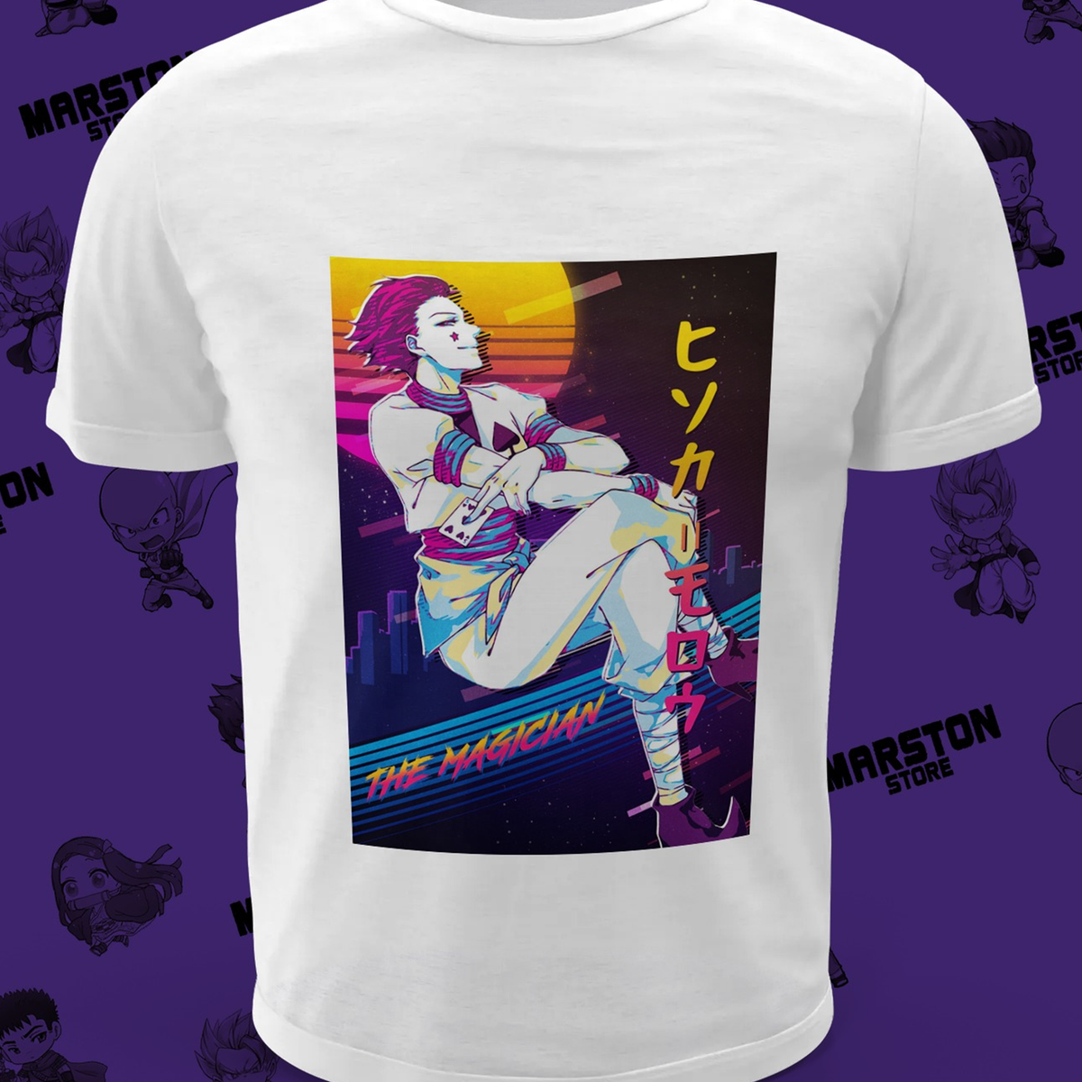 Polera blanca Hunter x Hunter con diseño de Hisoka Morow