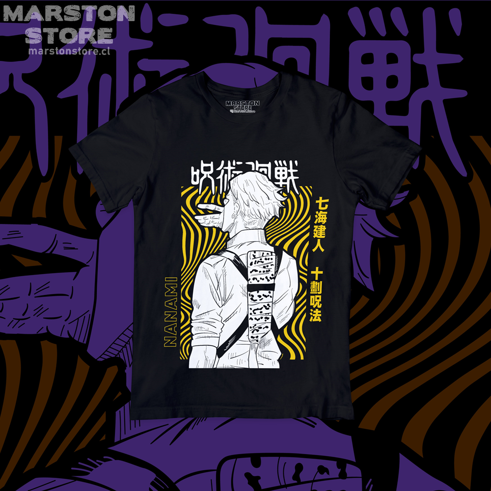 Polera negra Jujutsu Kaisen con diseño de Kento Nanami