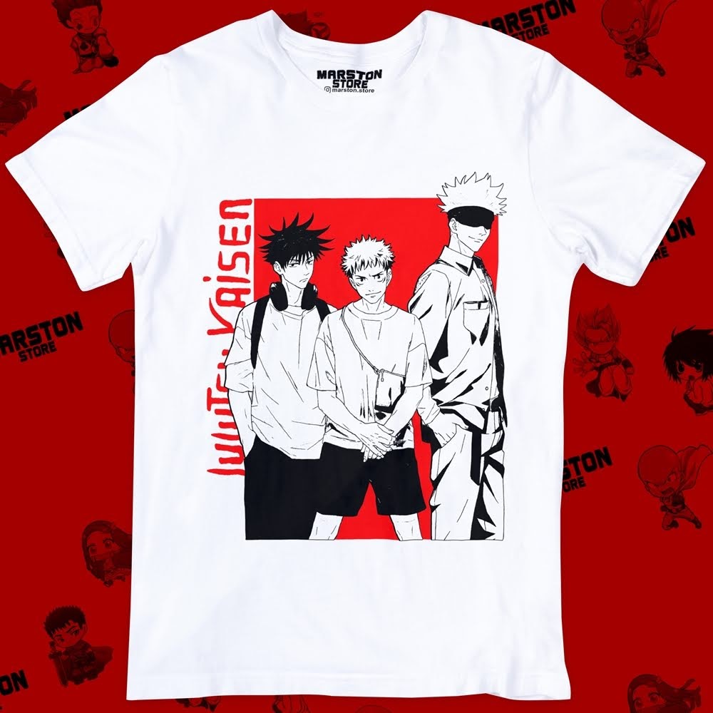 Polera blanca Jujutsu Kaisen con Megumi Fushiguro, Yuji Itadori y Satoru Gojo