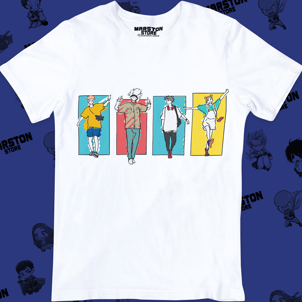 Polera blanca Jujutsu Kaisen con Nobara Kugisaki, Megumi Fushiguro, Yuji Itadori y Satoru Gojo