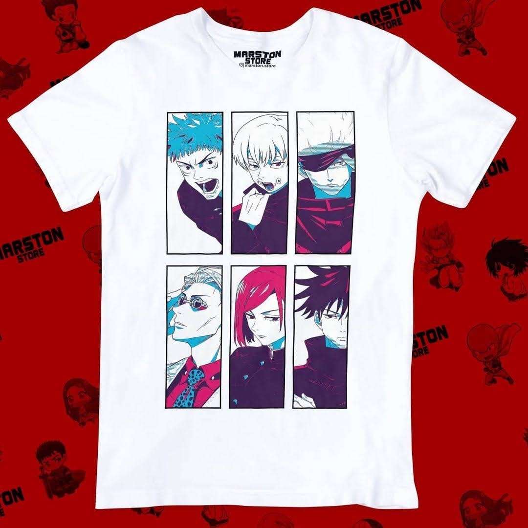 Polera blanca Jujutsu Kaisen con Nobara Kugisaki, Megumi Fushiguro, Yuji Itadori, Satoru Gojo, Toge Inumaki y Kento Nanami