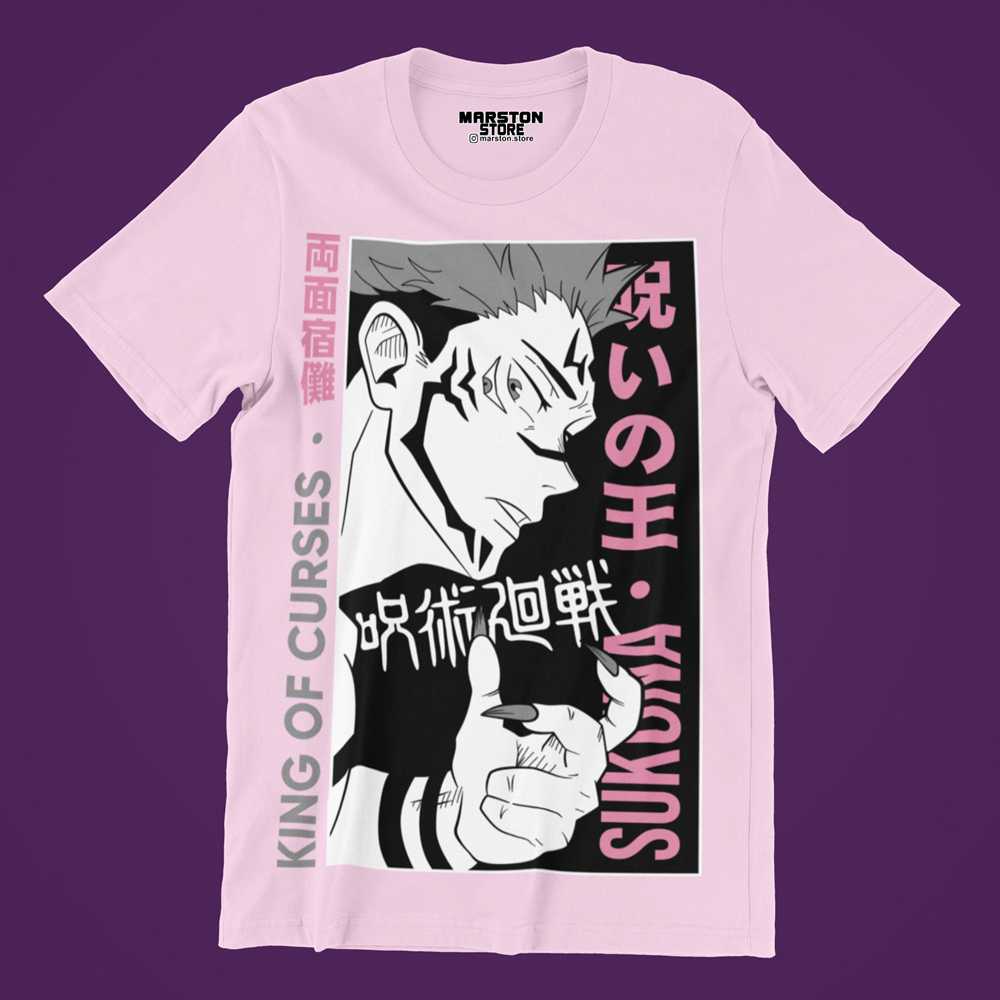Polera rosada Jujutsu Kaisen con diseño de Ryomen Sukuna