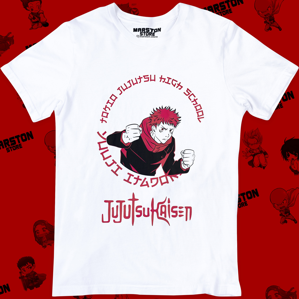 Polera blanca Jujutsu Kaisen con diseño de Yuji Itadori