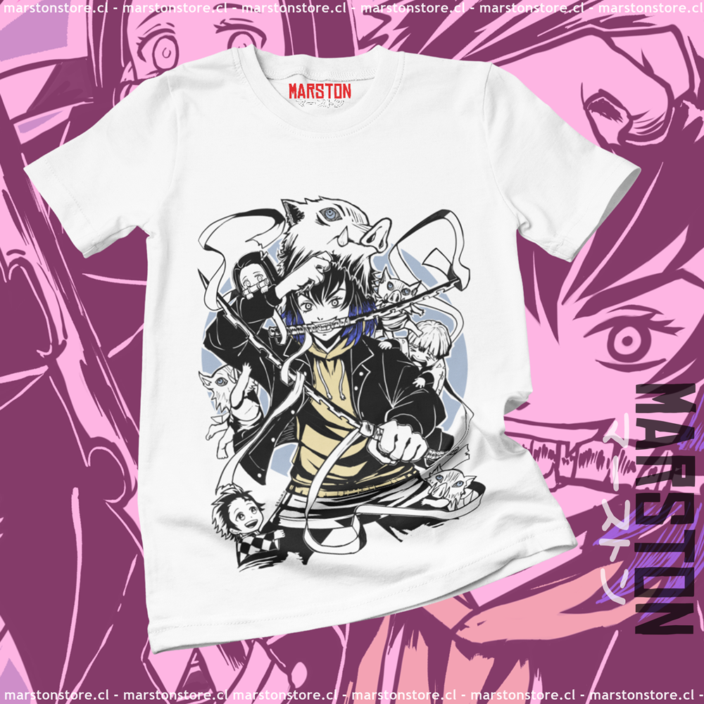 Polera blanca Kimetsu no Yaiba Demon Slayer con diseño de Inosuke Hashibira