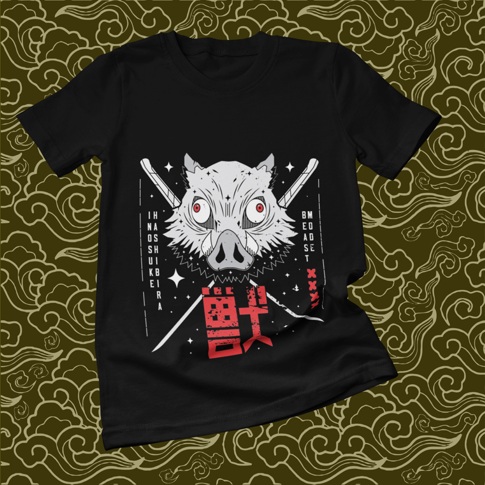 Polera negra Kimetsu no Yaiba Demon Slayer con diseño de Inosuke Hashibira