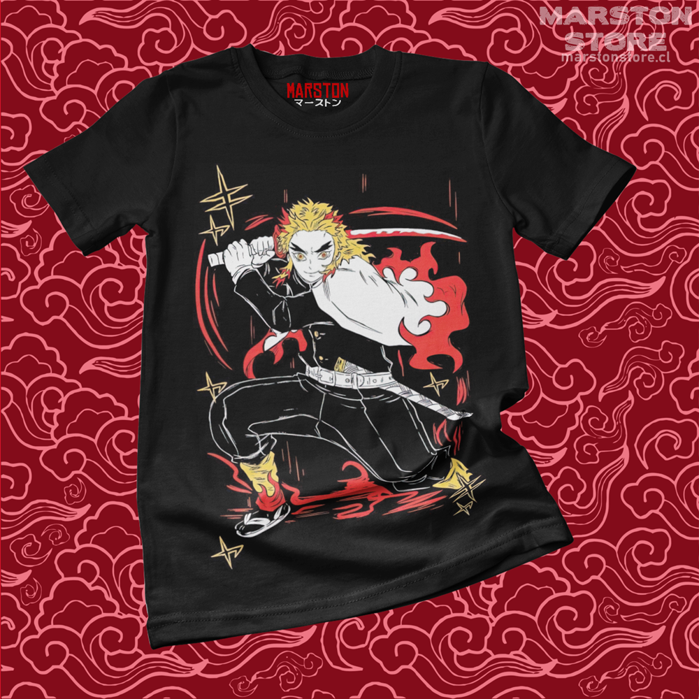 Polera negra Kimetsu no Yaiba Demon Slayer con diseño de Kyojuro Rengoku