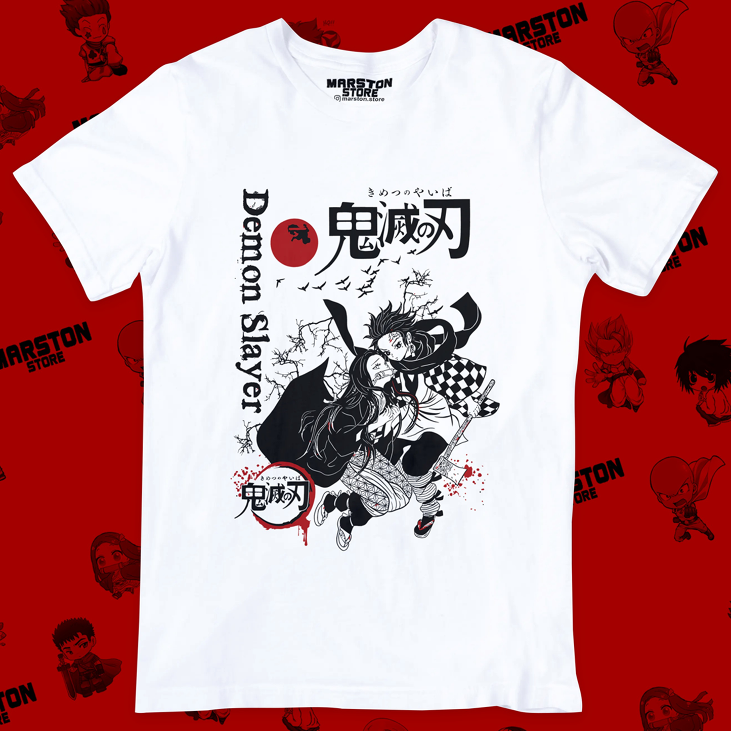 Polera blanca Kimetsu no Yaiba Demon Slayer con Nezuko Kamado y Tanjiro Kamado