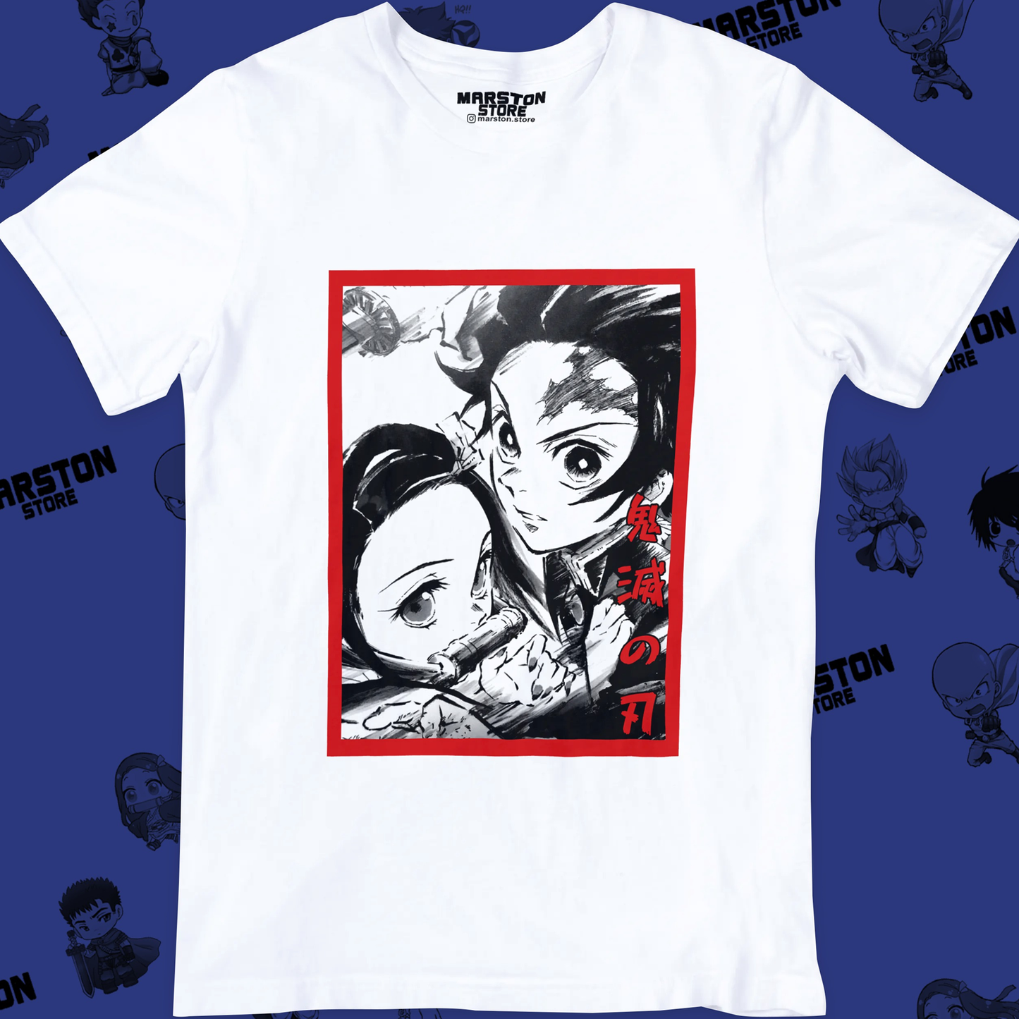 Polera blanca Kimetsu no Yaiba Demon Slayer con Tanjiro Kamado y Nezuko Kamado