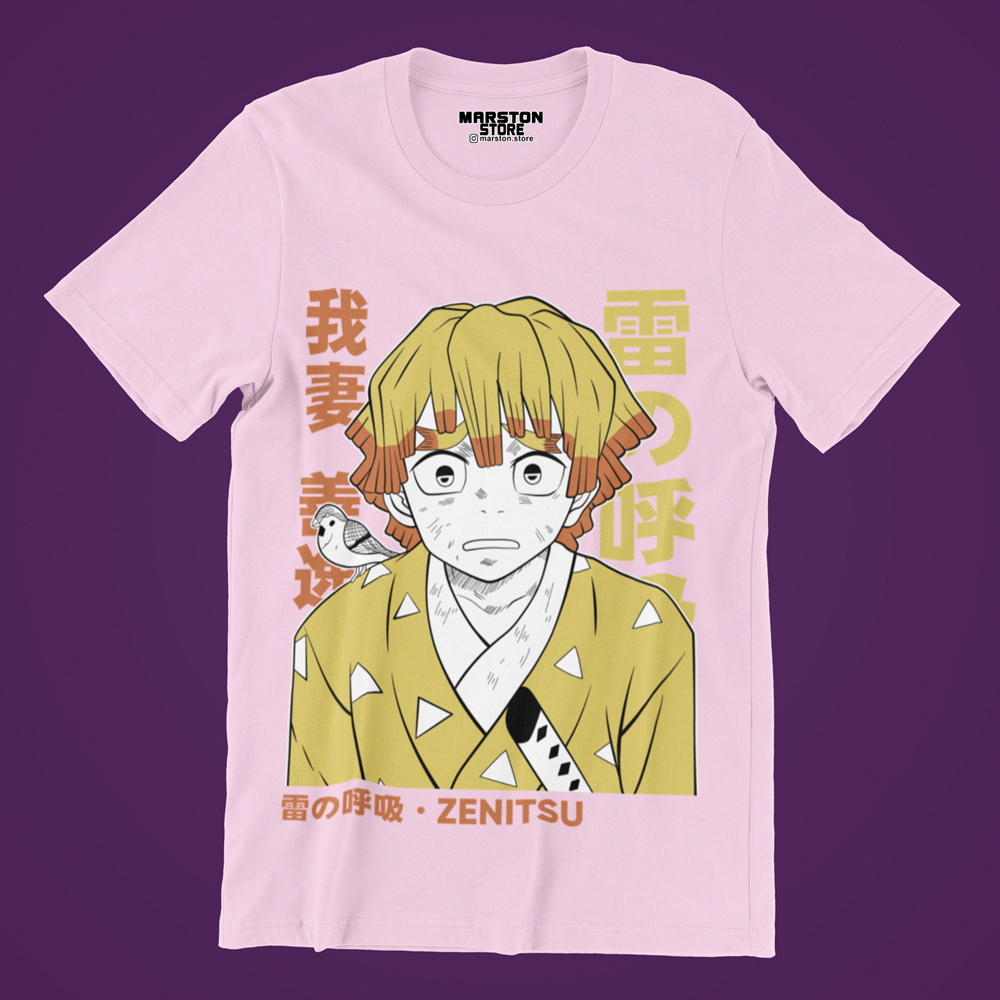 Polera rosada Kimetsu no Yaiba Demon Slayer con diseño de Zenitsu Agatsuma