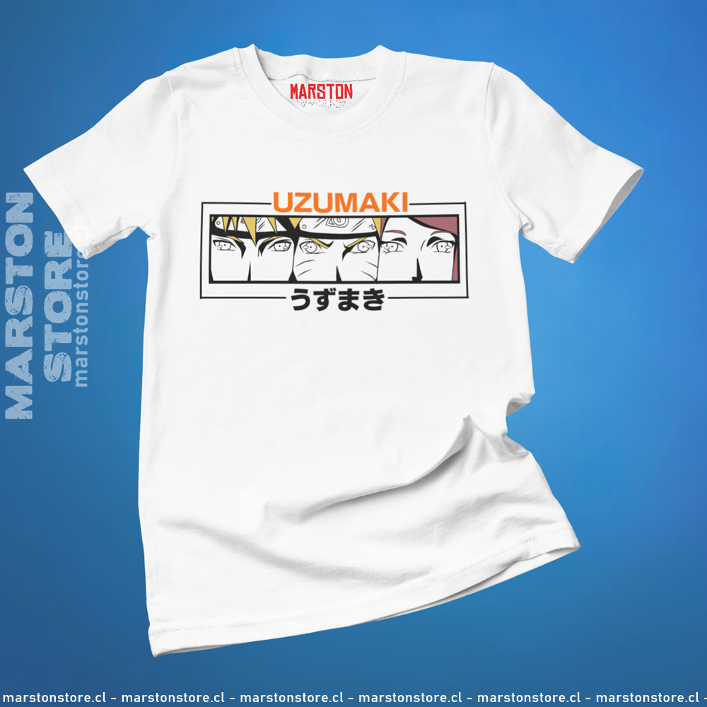 Polera blanca Naruto con Naruto Uzumaki, Minato Namikaze y Kushina Uzumaki