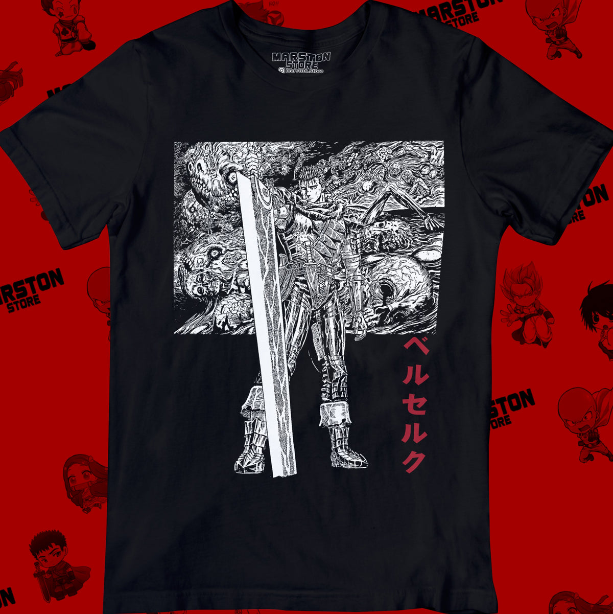 Polera negra de Berserk con diseño de Guts
