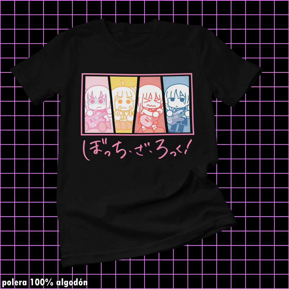 Polera negra de Bocchi the Rock! con diseño anime