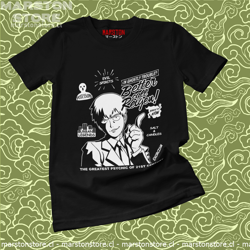 Polera negra de Mob Psycho 100 con Reigen Arataka