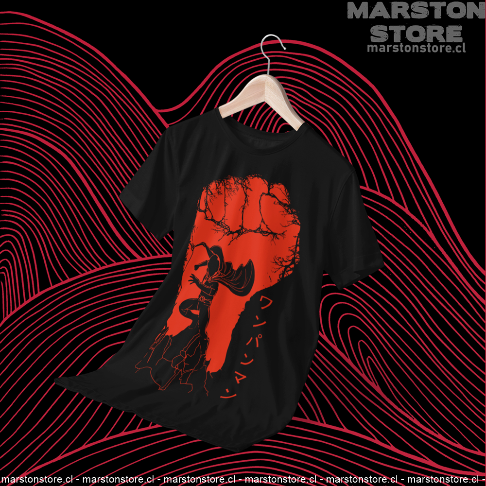 Polera negra de One Punch Man con Saitama