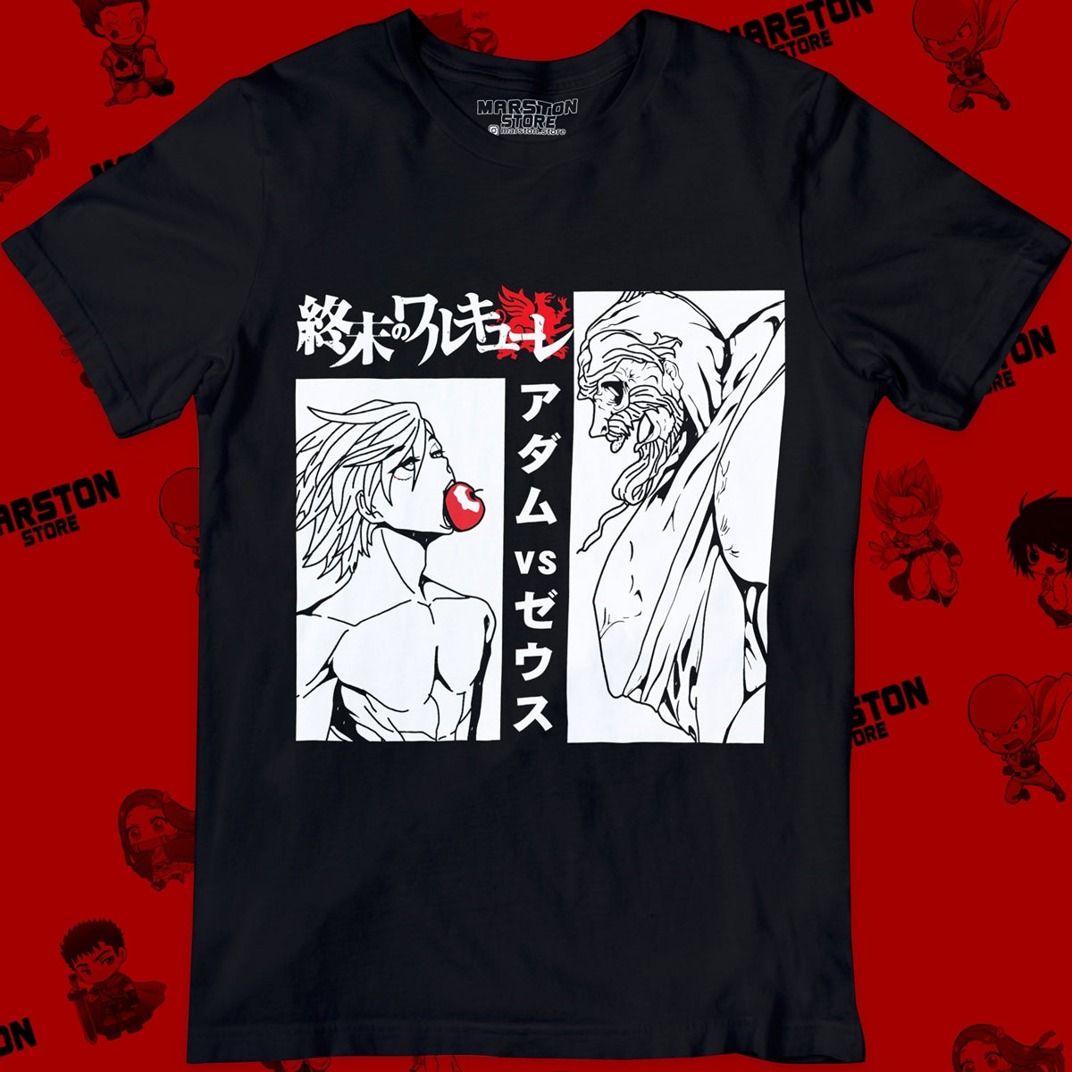 Polera negra de Record of Ragnarok con Adam versus Zeus