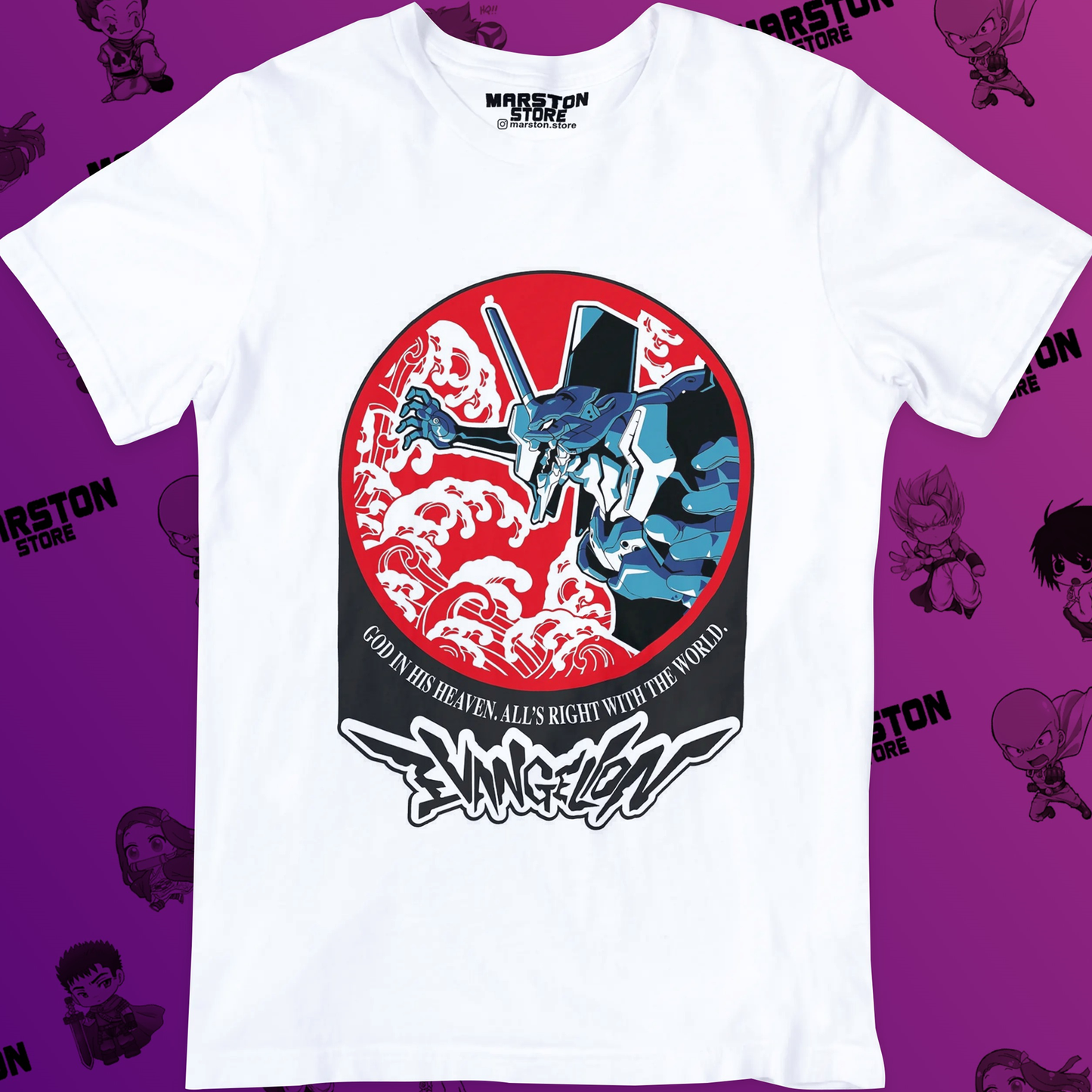 Polera blanca Neon Genesis Evangelion con diseño inspirado en el anime