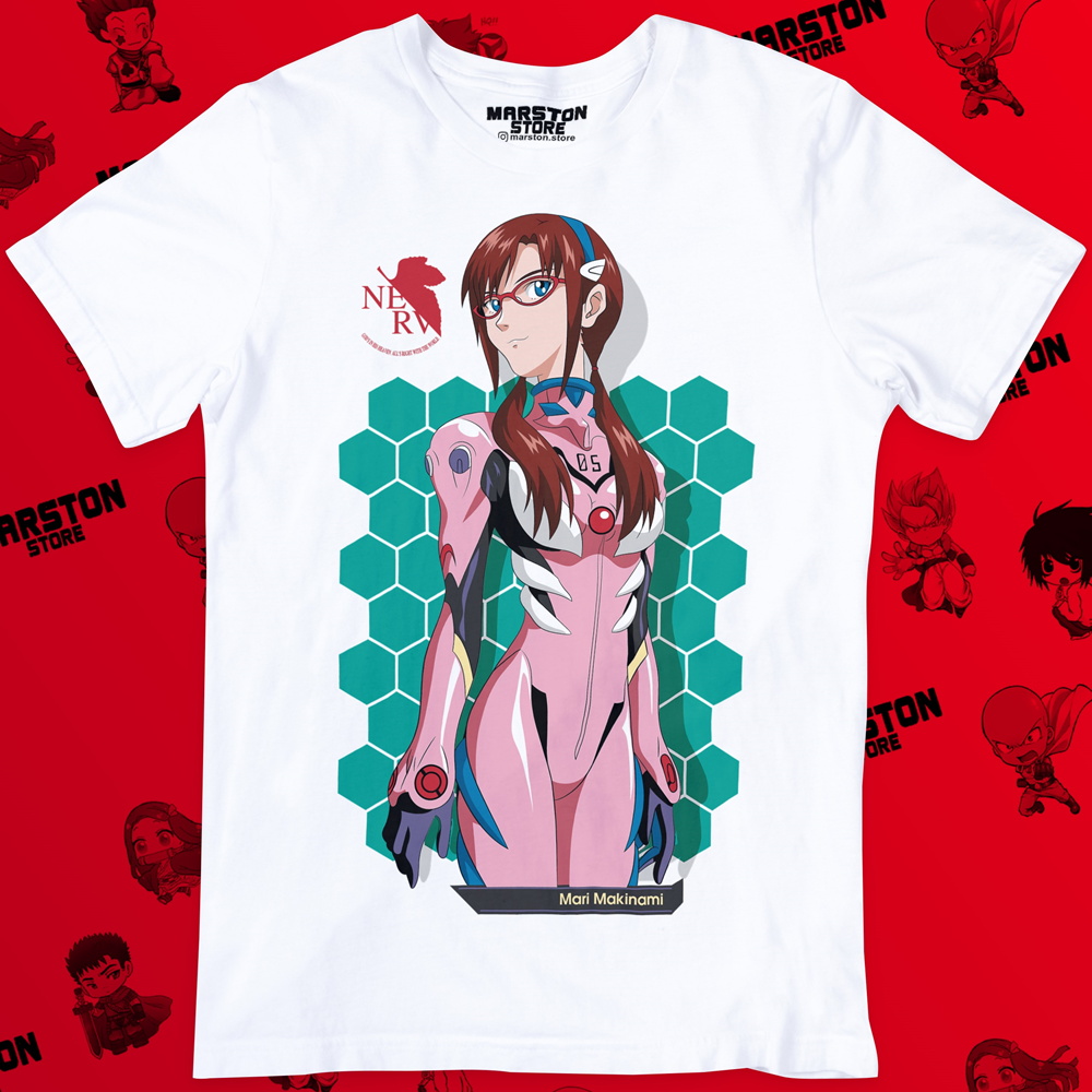 Polera blanca Neon Genesis Evangelion con diseño de Mari Makinami Illustrious