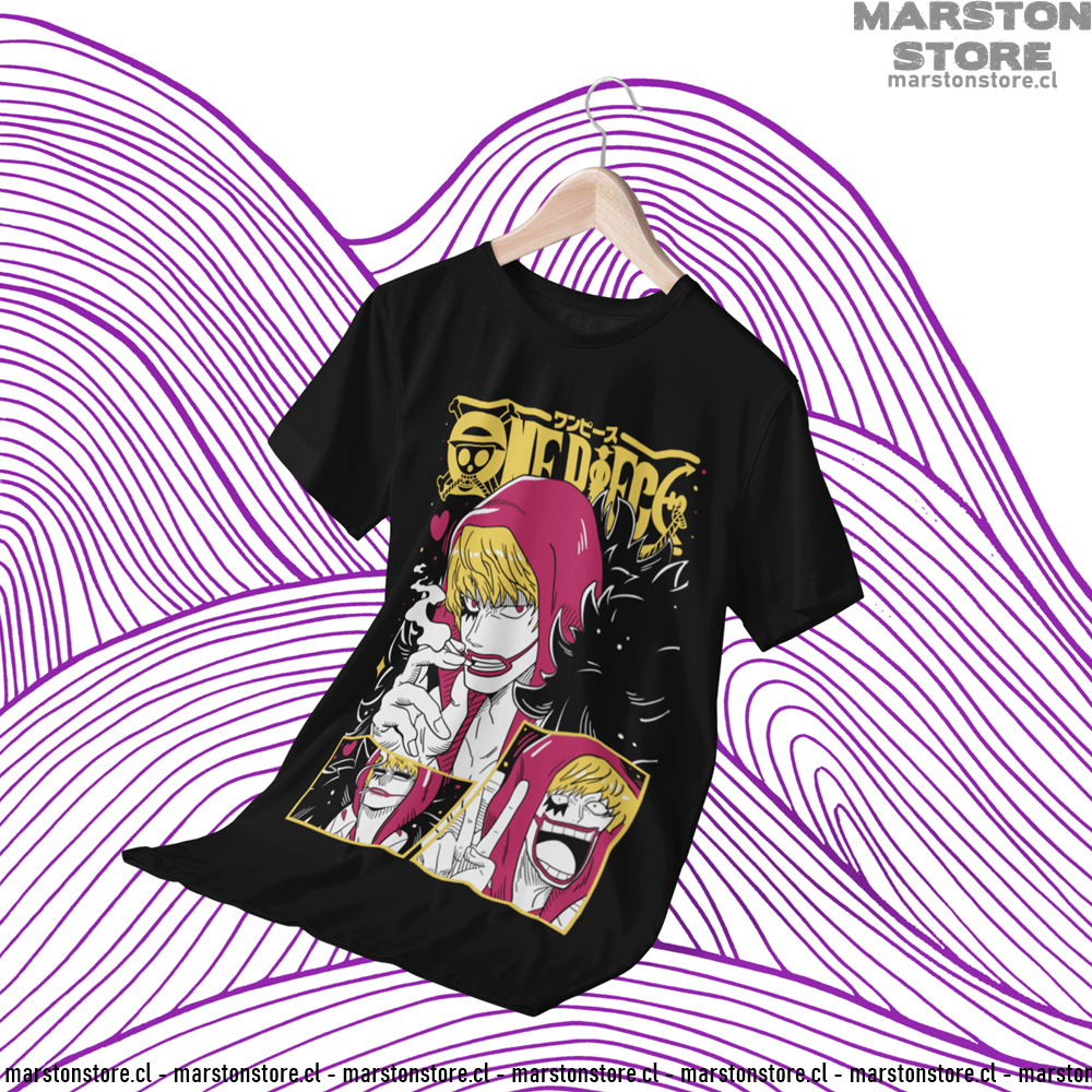 Polera negra One Piece con diseño de Donquixote Rosinante (Corazón)