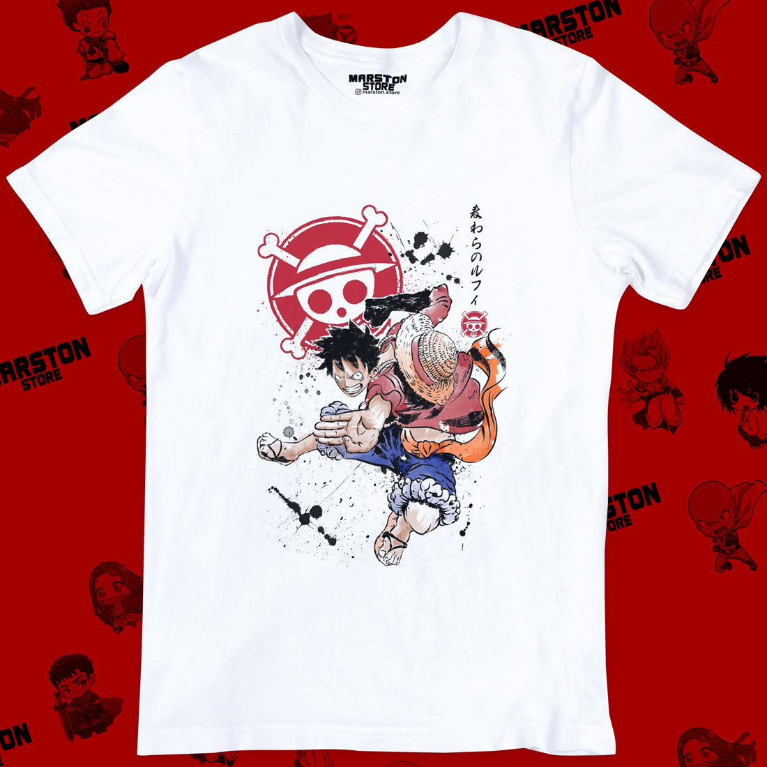 Polera blanca One Piece con diseño de Monkey D. Luffy