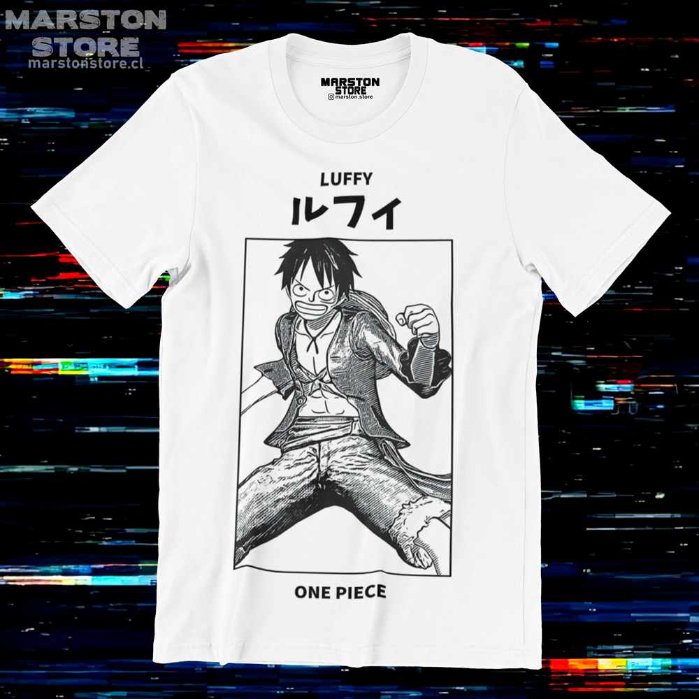Polera blanca One Piece con diseño de Monkey D. Luffy