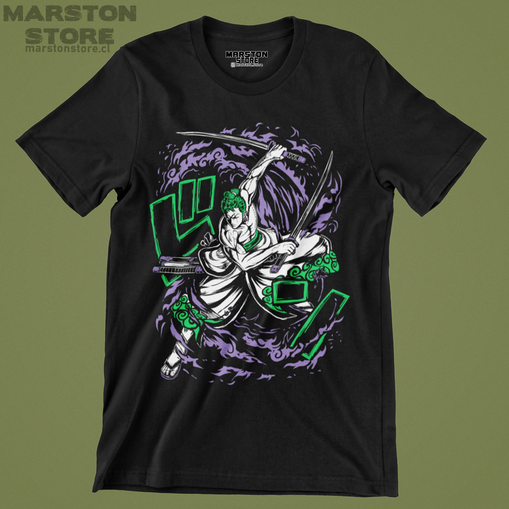 Polera negra One Piece con diseño de Roronoa Zoro