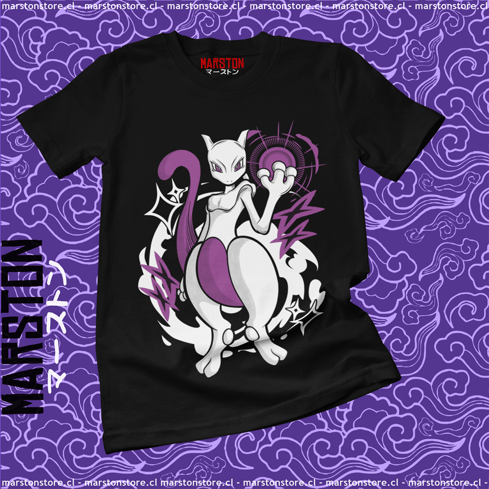 Polera negra de Pokémon con diseño de Mewtwo