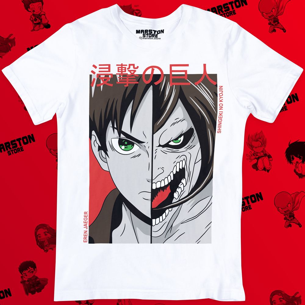 Polera blanca Shingeki no Kyojin con diseño de Eren Jaeger