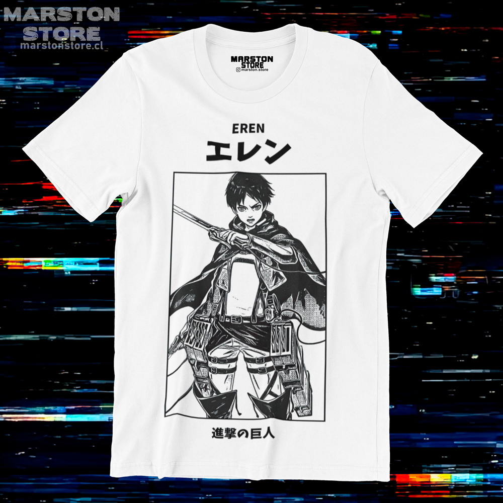 Polera blanca Shingeki no Kyojin con diseño de Eren Jaeger