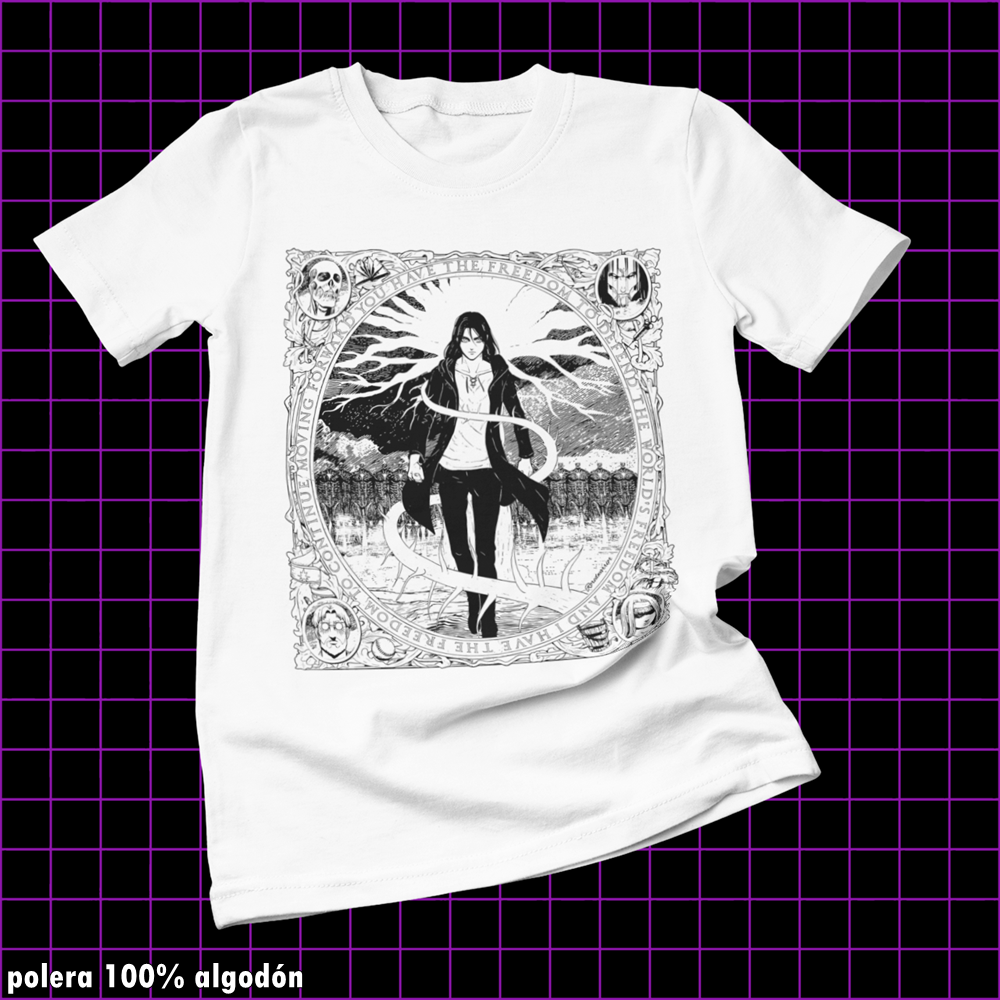 Polera blanca Shingeki no Kyojin con diseño de Eren Jaeger