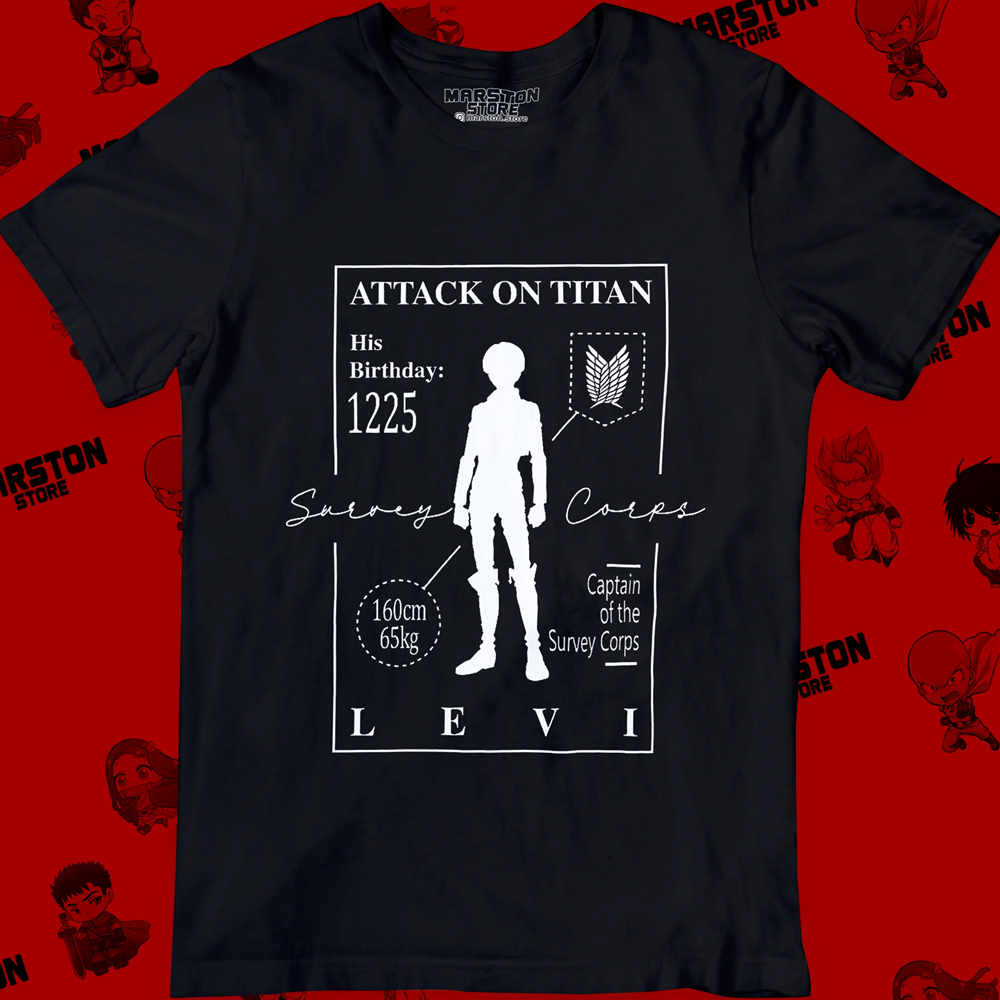 Polera negra Shingeki no Kyojin con diseño de Levi Ackerman
