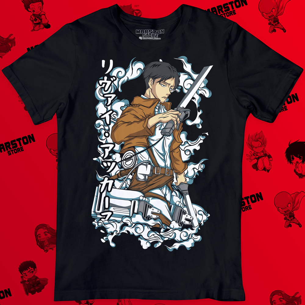 Polera negra Shingeki no Kyojin con diseño de Levi Ackerman