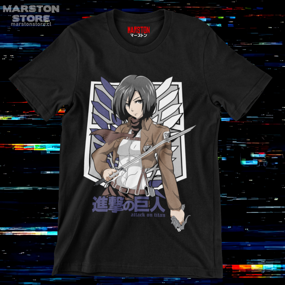 Polera negra Shingeki no Kyojin con diseño de Mikasa Ackerman