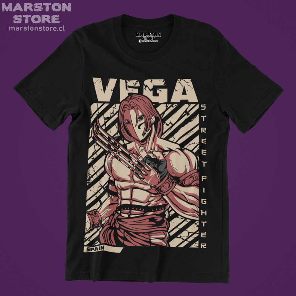 Polera negra Street Fighter con diseño de Vega