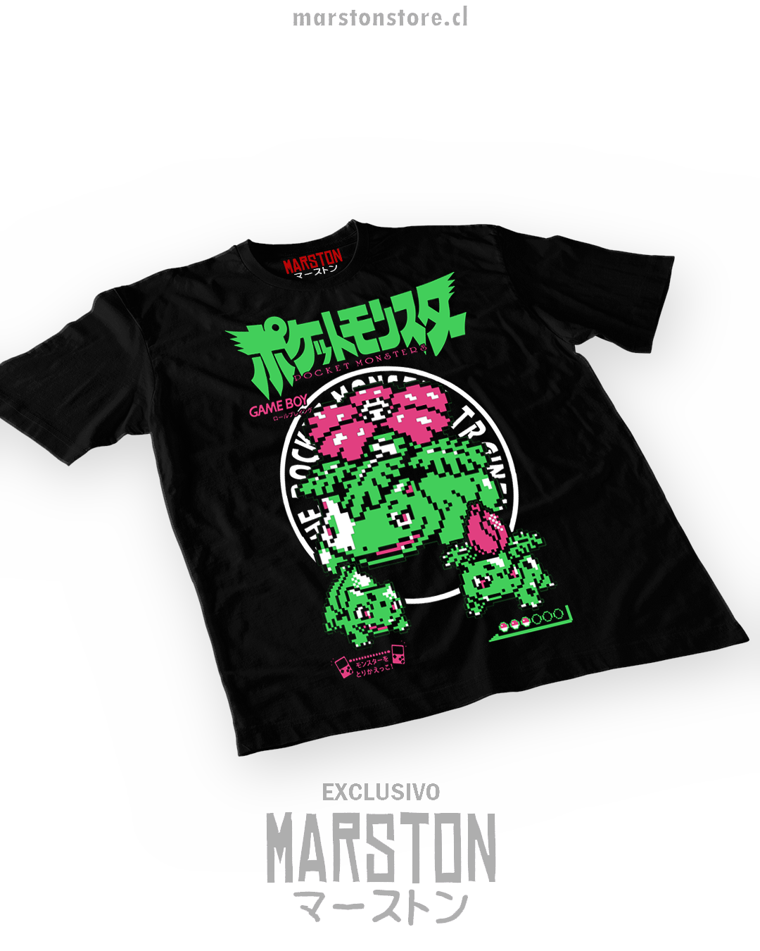 Polera negra Pokémon Venusaur – mockup Marston sobre fondo blanco